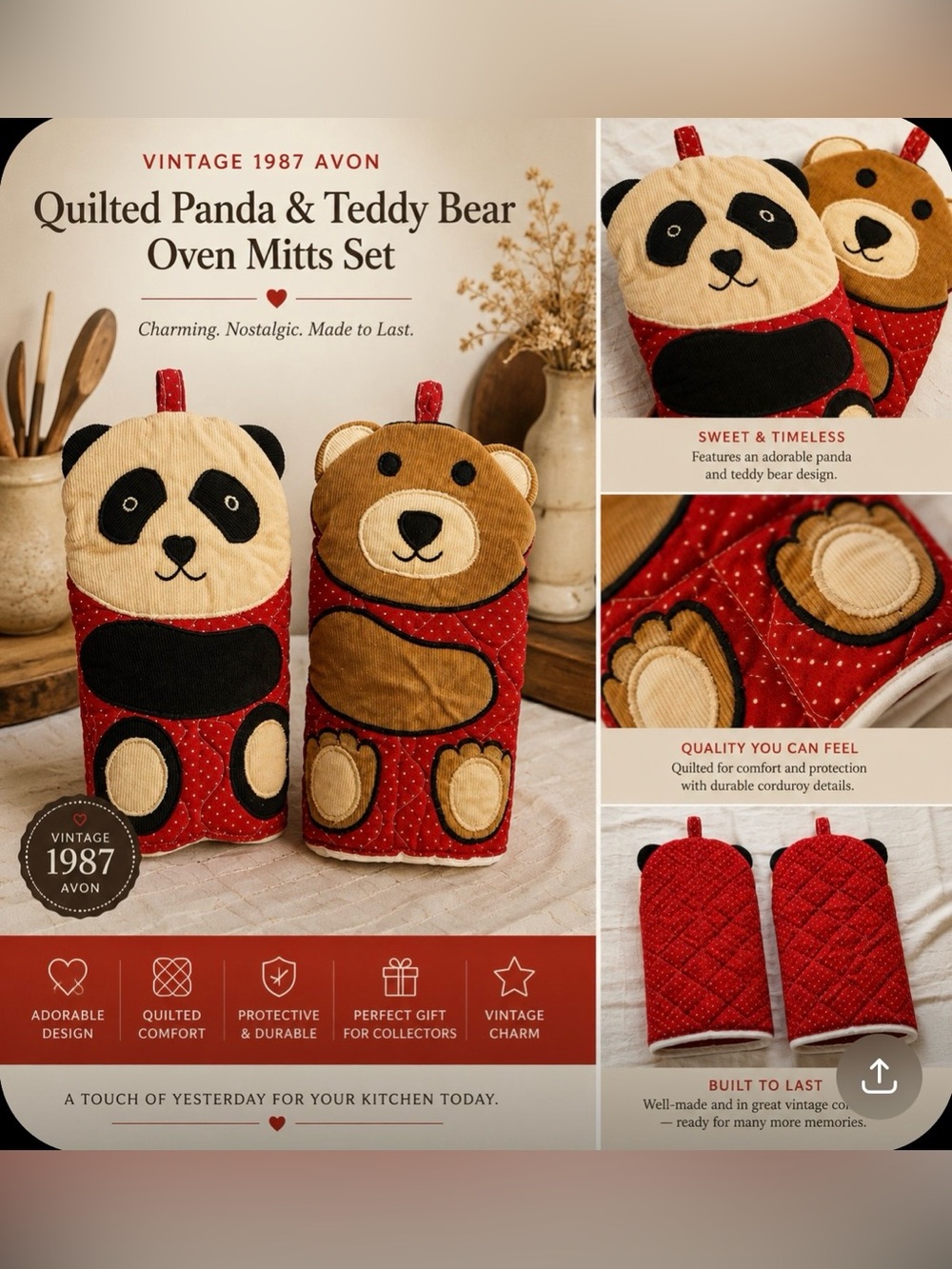 Vintage 1987 Avon Quilted Panda & Teddy Bear Oven Mitts Set Corduroy Novelty